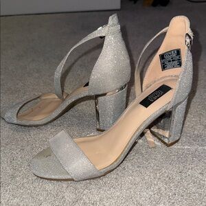 Jones New York Silver Glitter Block Heel Sandals with Ankle Strap